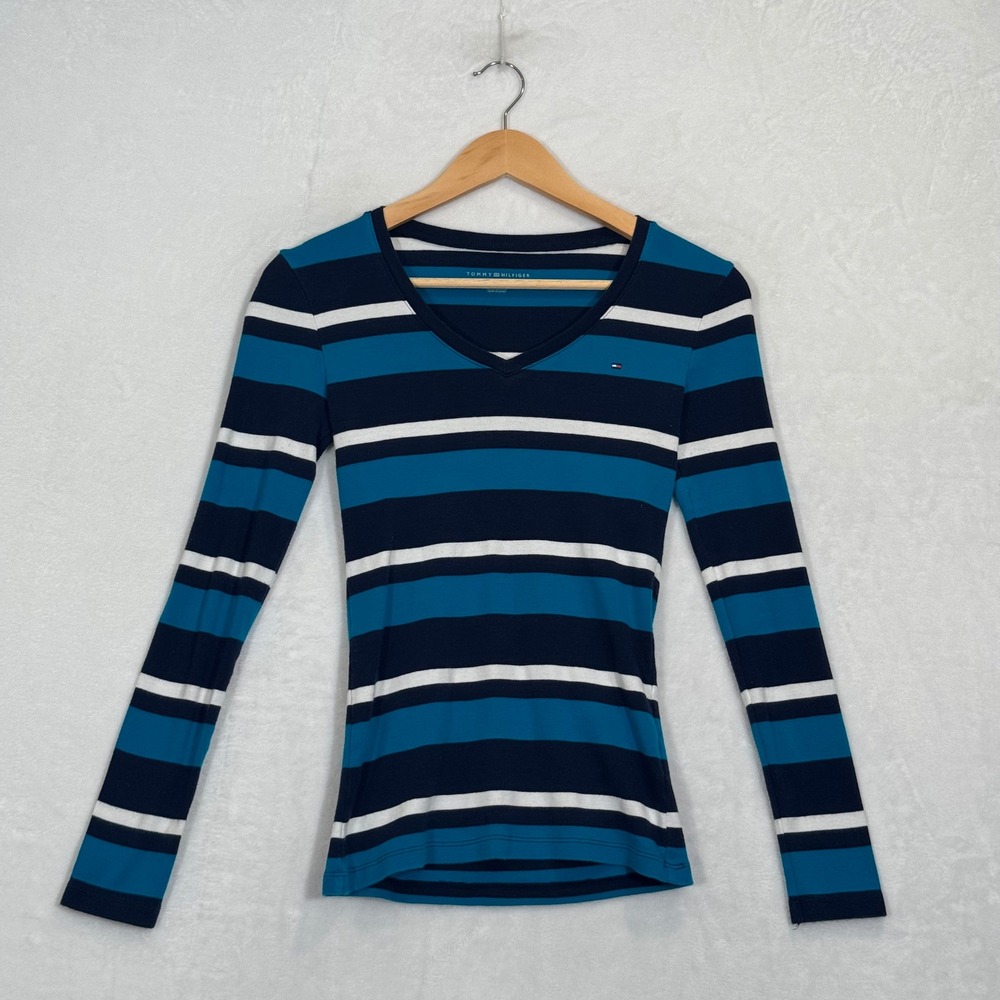 Tommy Hilfiger Blue Striped V-Neck Long Sleeve Top XS